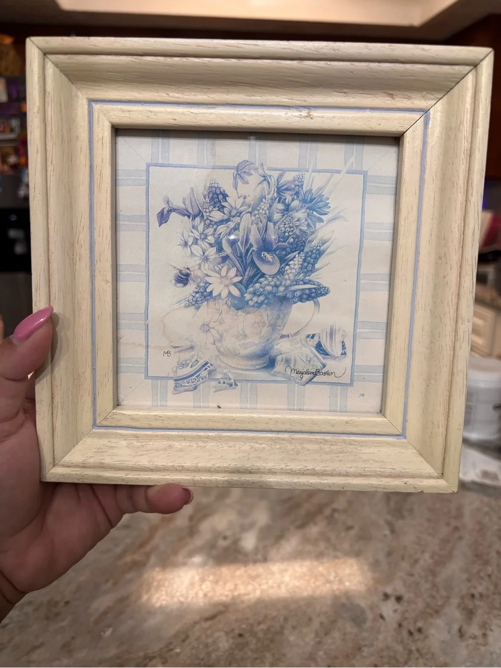VTG Framed Blue Floral Print Wall Accent